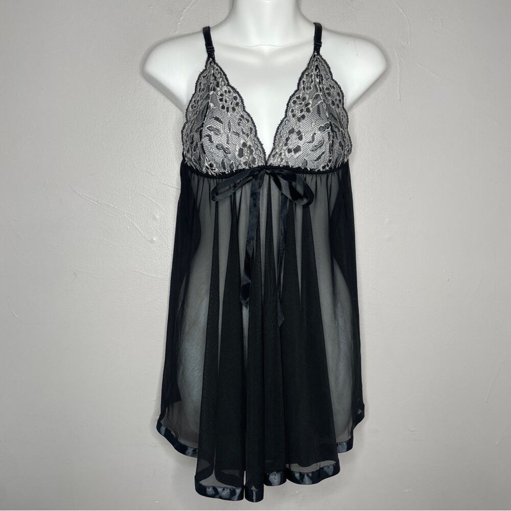 Black Silver Lace Sheer Satin Nightie Lingerie Honeymoon Special Occasion Sexy